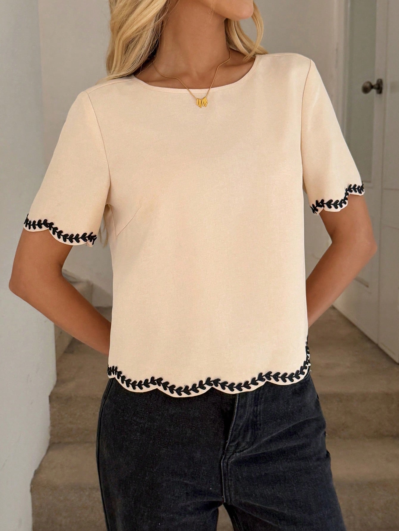 LUNE Women's Elegant Summer Beige Embroidered Ribbon Trim Short Sleeve Shirt Office Brunch Business Casual Round Neck Crop Top Teachers' Day