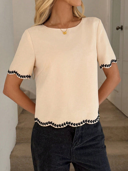 LUNE Women's Elegant Summer Beige Embroidered Ribbon Trim Short Sleeve Shirt Office Brunch Business Casual Round Neck Crop Top Teachers' Day