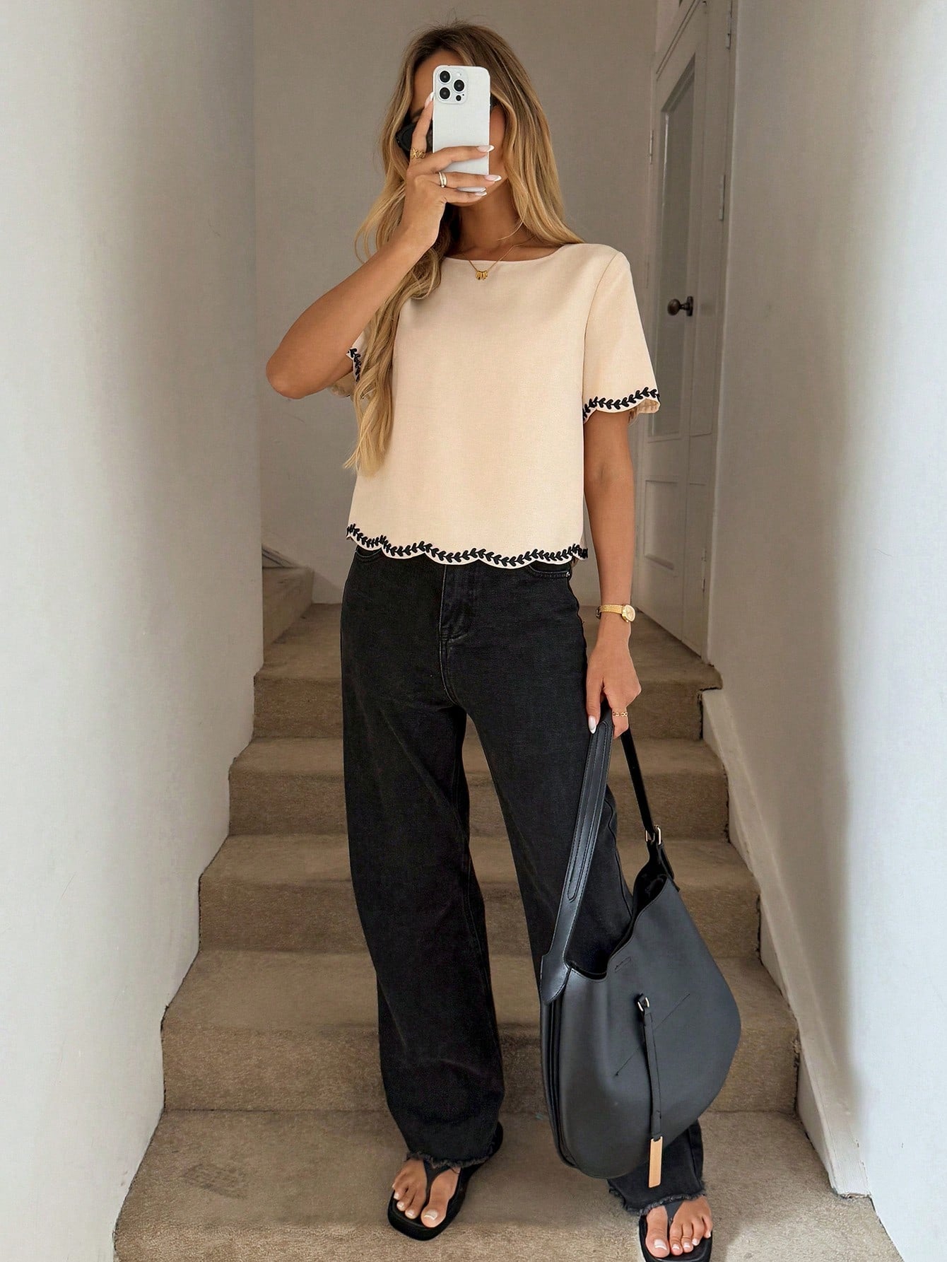 LUNE Women's Elegant Summer Beige Embroidered Ribbon Trim Short Sleeve Shirt Office Brunch Business Casual Round Neck Crop Top Teachers' Day