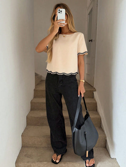 LUNE Women's Elegant Summer Beige Embroidered Ribbon Trim Short Sleeve Shirt Office Brunch Business Casual Round Neck Crop Top Teachers' Day