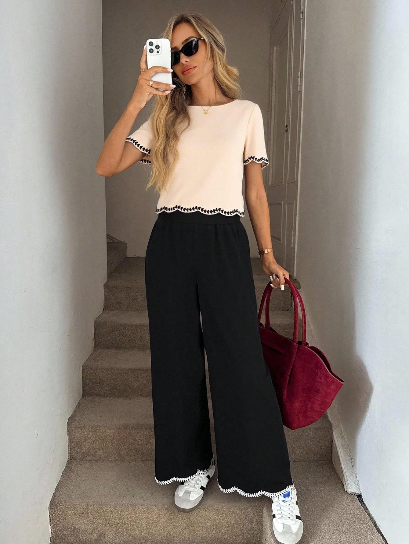 LUNE Women's Elegant Summer Beige Embroidered Ribbon Trim Short Sleeve Shirt Office Brunch Business Casual Round Neck Crop Top Teachers' Day