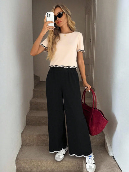 LUNE Women's Elegant Summer Beige Embroidered Ribbon Trim Short Sleeve Shirt Office Brunch Business Casual Round Neck Crop Top Teachers' Day