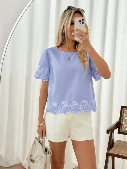LUNE Women's Elegant Summer Beige Embroidered Ribbon Trim Short Sleeve Shirt Office Brunch Business Casual Round Neck Crop Top Teachers' Day
