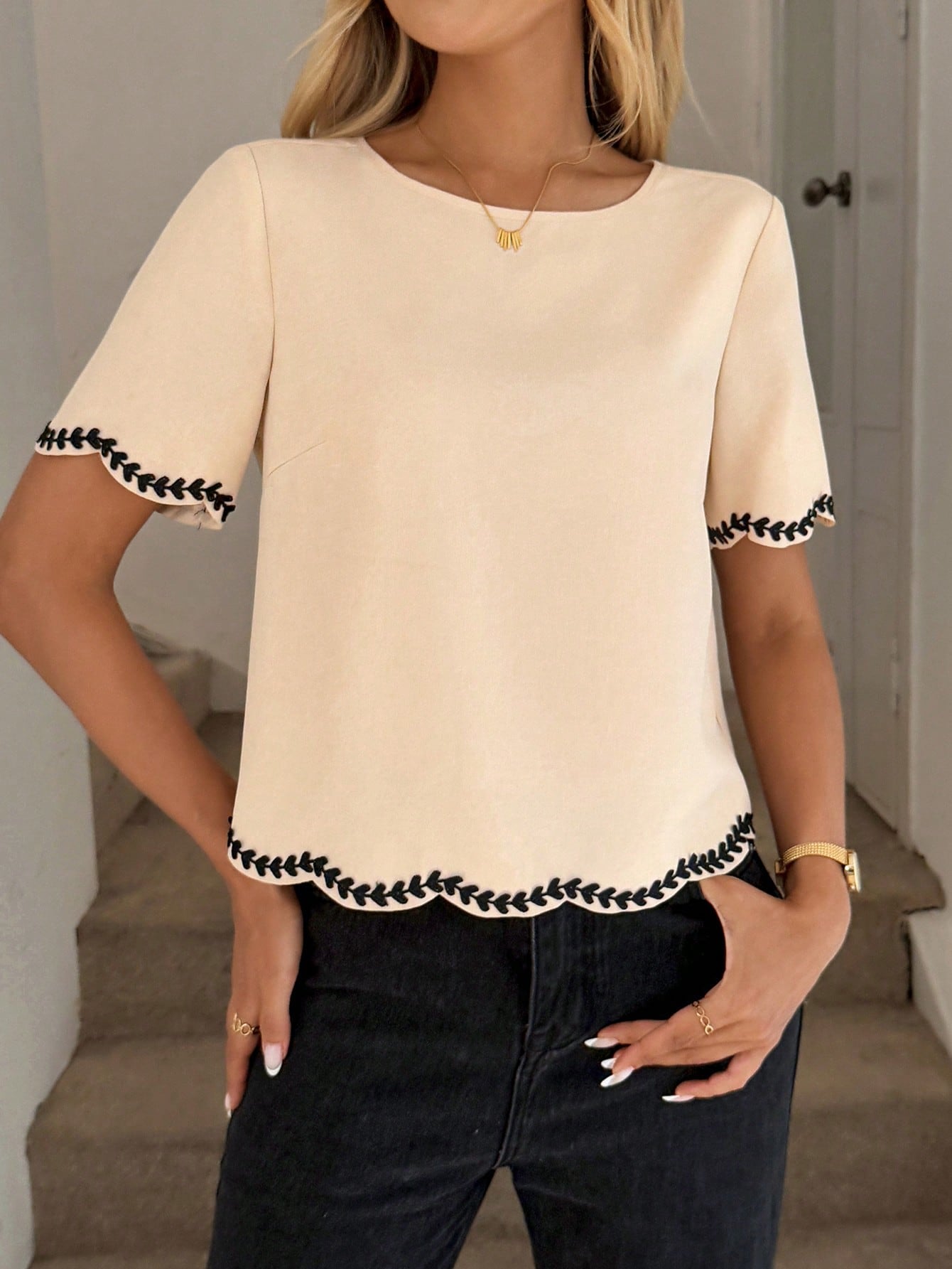 LUNE Women's Elegant Summer Beige Embroidered Ribbon Trim Short Sleeve Shirt Office Brunch Business Casual Round Neck Crop Top Teachers' Day