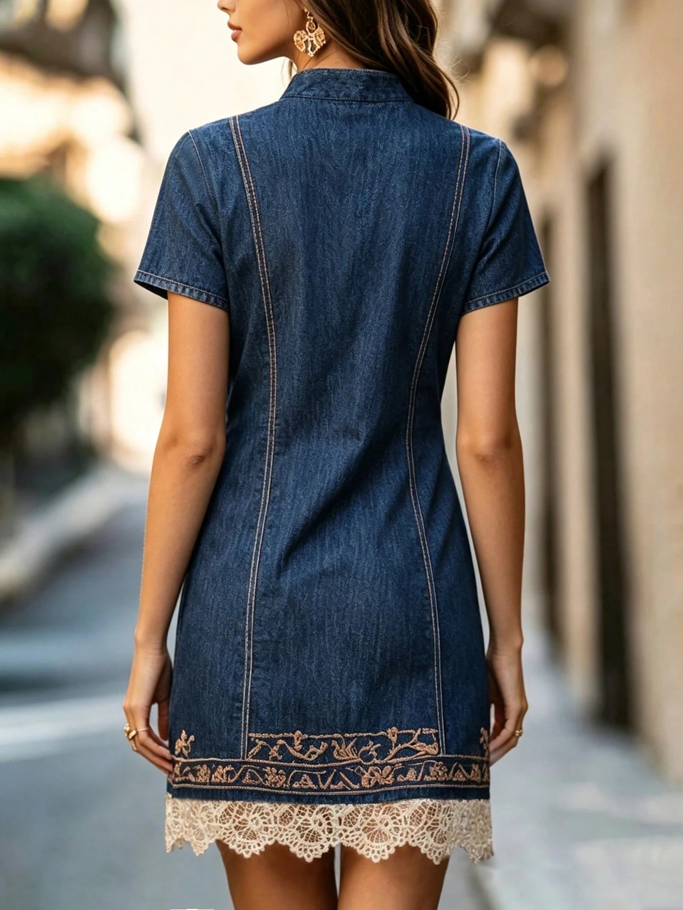 LUNE Women's Fashion Denim Effect Print Zipper Half-Placket Lace Patchwork Short Sleeve Dress