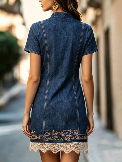 LUNE Women's Fashion Denim Effect Print Zipper Half-Placket Lace Patchwork Short Sleeve Dress