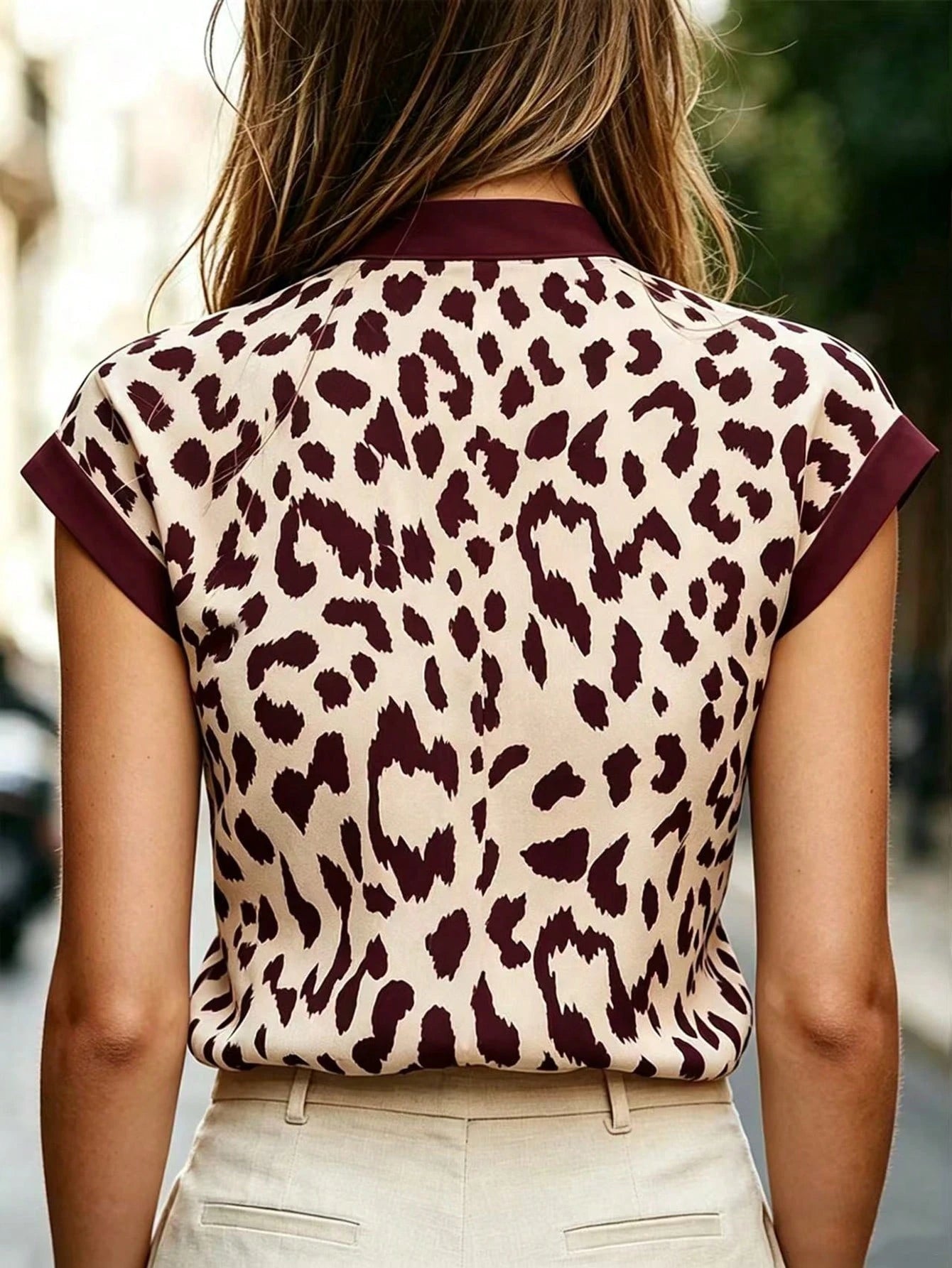 LUNE Women's Leopard Print Cutout V-Neck Fashion Cap Sleeve Blouse