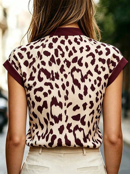 LUNE Women's Leopard Print Cutout V-Neck Fashion Cap Sleeve Blouse