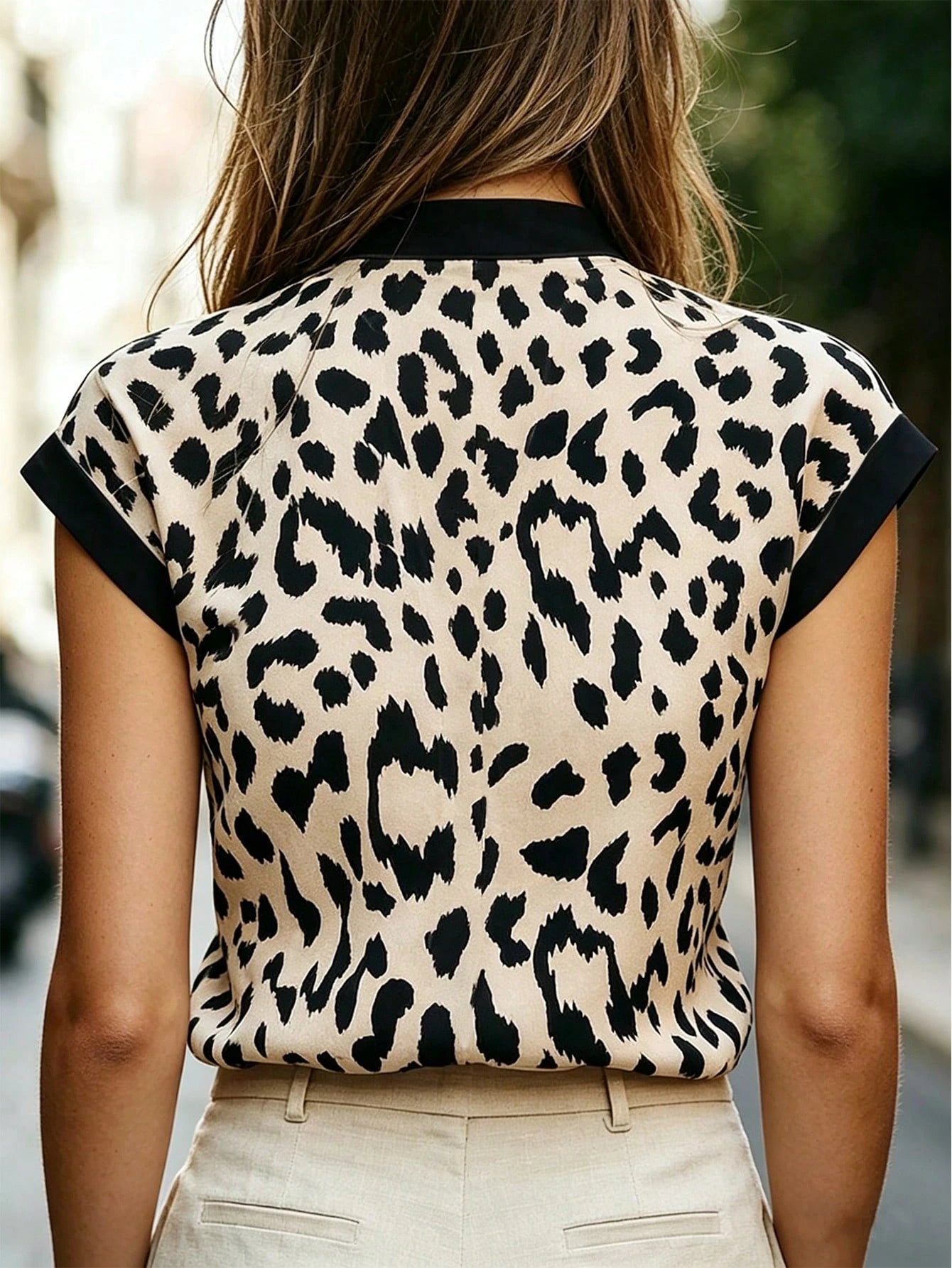 LUNE Women's Leopard Print Cutout V-Neck Fashion Cap Sleeve Blouse