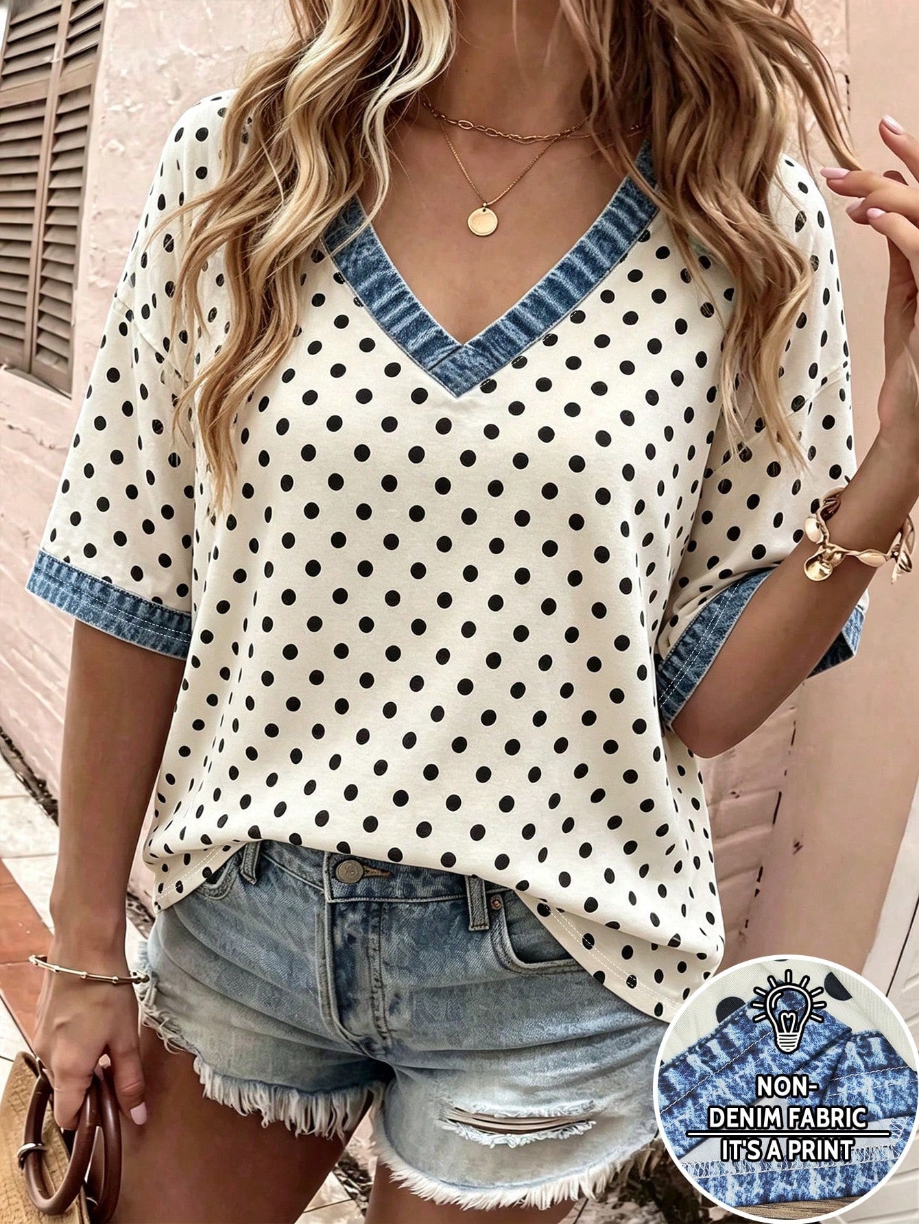 LUNE Women's Plus Size Outerwear Top, Summer New Style, V-Neck T-Shirt, Holiday Outfit, Black Polka Dot, Women's Plus Size T-Shirt