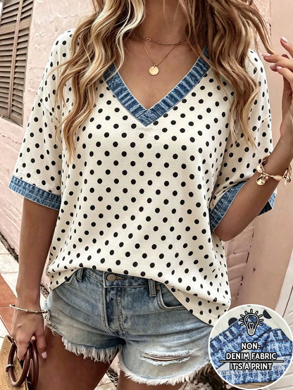 LUNE Women's Plus Size Outerwear Top, Summer New Style, V-Neck T-Shirt, Holiday Outfit, Black Polka Dot, Women's Plus Size T-Shirt
