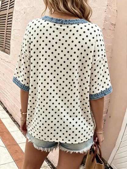 LUNE Women's Plus Size Outerwear Top, Summer New Style, V-Neck T-Shirt, Holiday Outfit, Black Polka Dot, Women's Plus Size T-Shirt