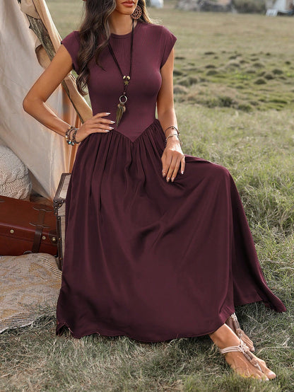 LUNE Women's Solid Color Round Neck Pleated Long Dress, Casual & Holiday Style Maxi Women Outfit