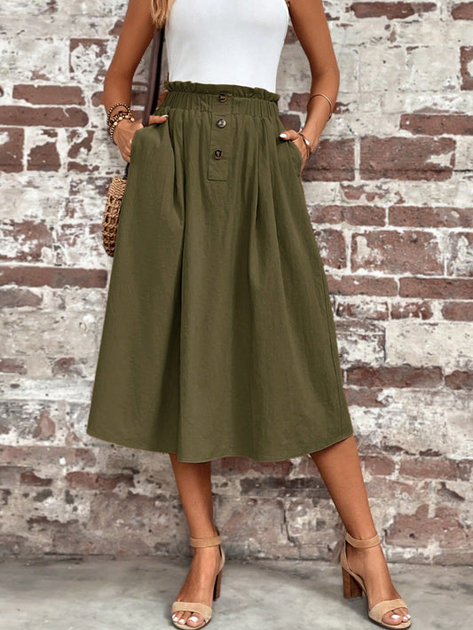 LUNE Women's Solid Color Ruffle Hem Button Pocket Casual Skirt,Casual