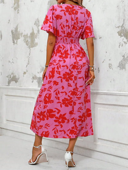 LUNE Women's Tropical Plant Print V-Neck Ruffle Short Sleeve Long Elegant Dress With Side Slit Hem, Perfect For Vacation Maxi Women Outfit