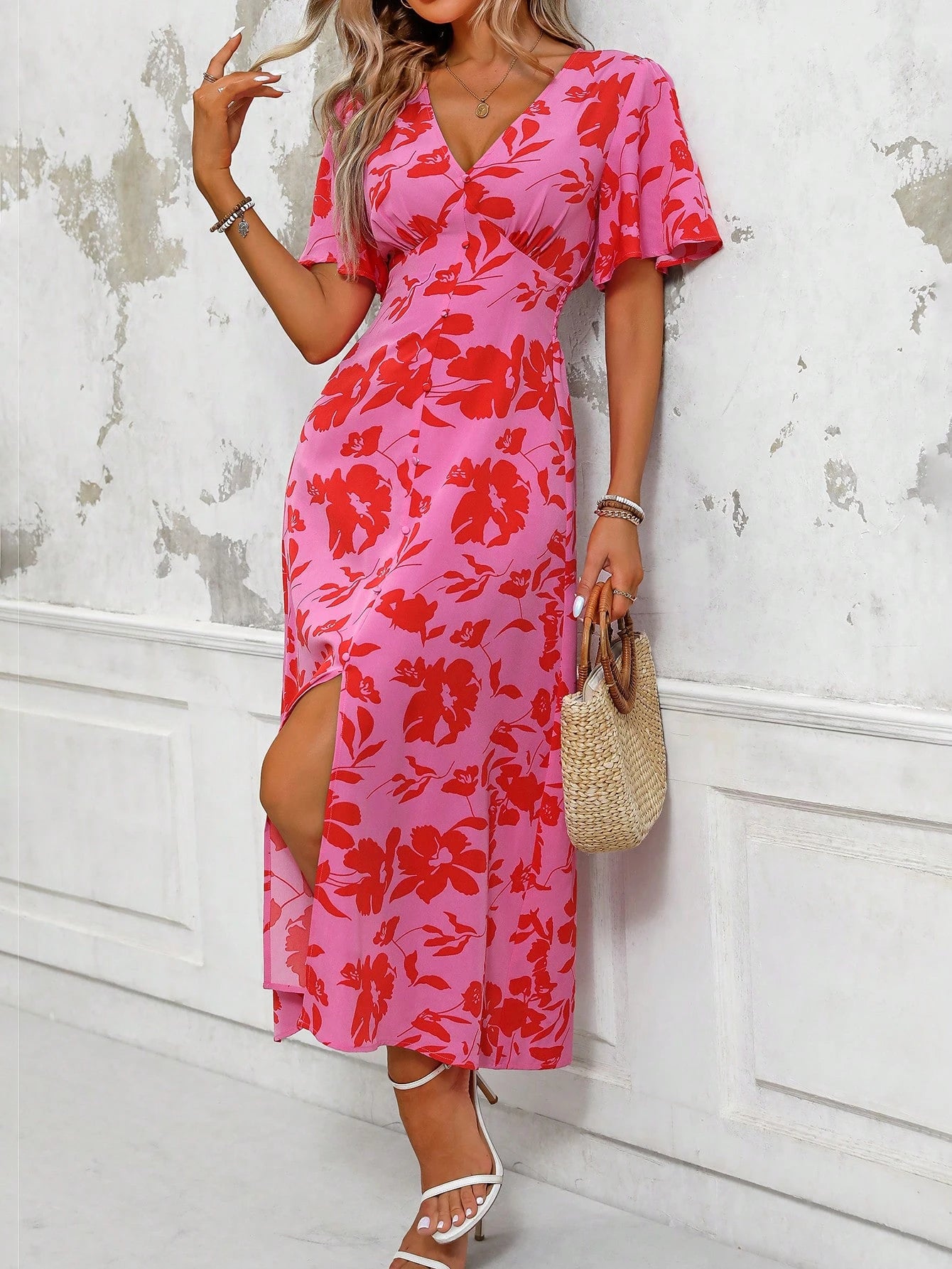 LUNE Women's Tropical Plant Print V-Neck Ruffle Short Sleeve Long Elegant Dress With Side Slit Hem, Perfect For Vacation Maxi Women Outfit