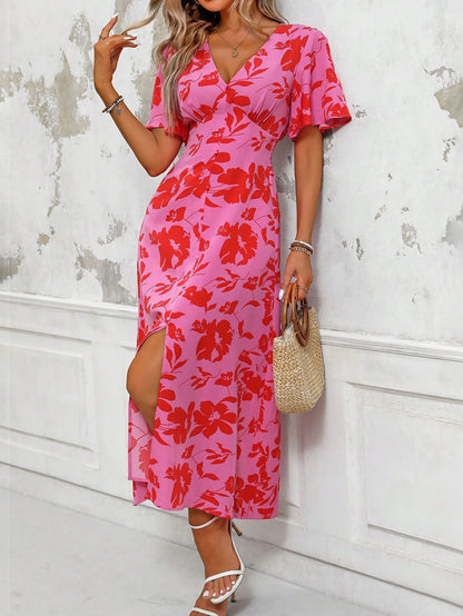 LUNE Women's Tropical Plant Print V-Neck Ruffle Short Sleeve Long Elegant Dress With Side Slit Hem, Perfect For Vacation Maxi Women Outfit
