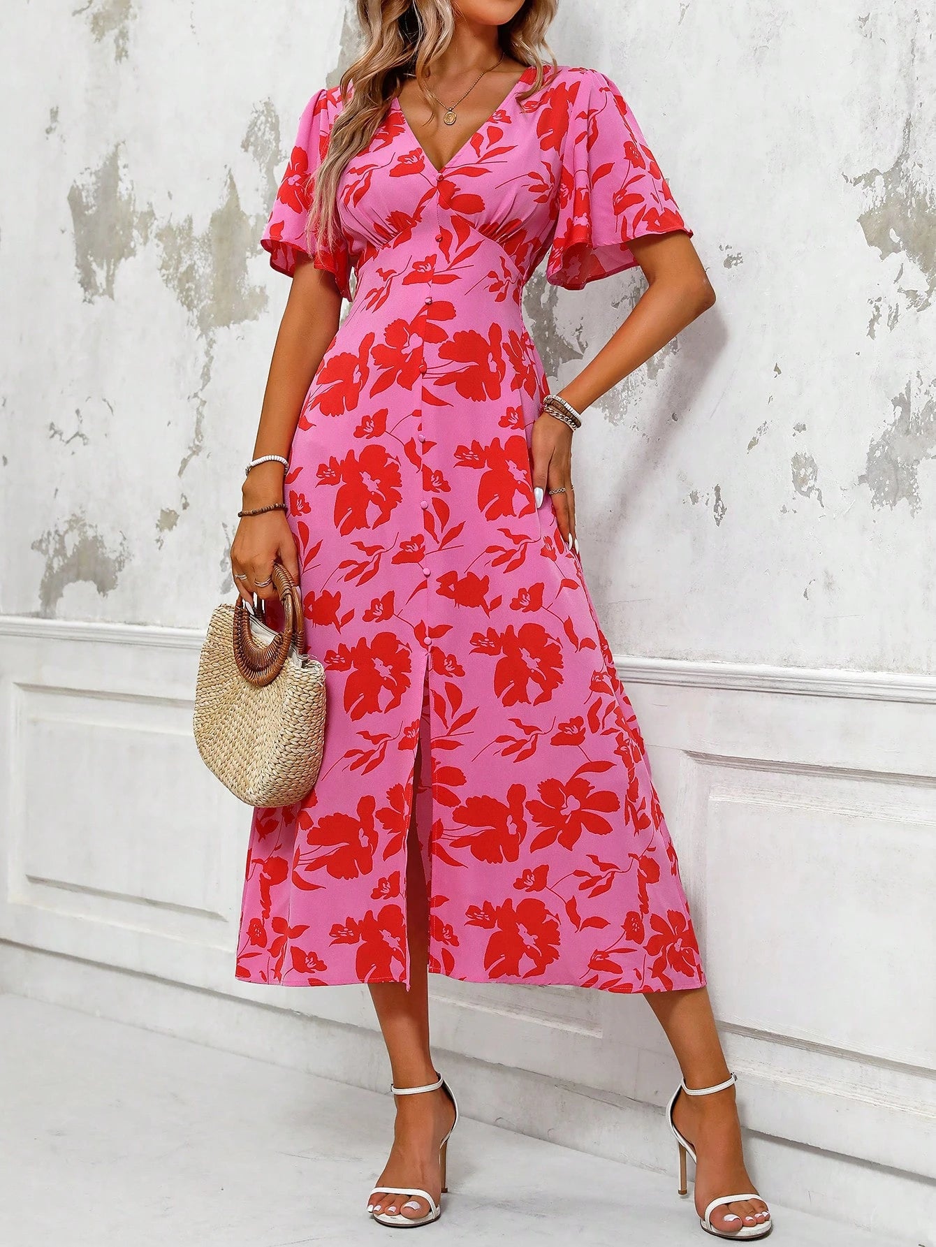 LUNE Women's Tropical Plant Print V-Neck Ruffle Short Sleeve Long Elegant Dress With Side Slit Hem, Perfect For Vacation Maxi Women Outfit