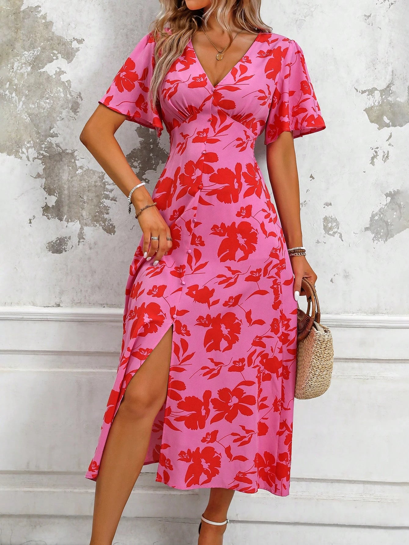 LUNE Women's Tropical Plant Print V-Neck Ruffle Short Sleeve Long Elegant Dress With Side Slit Hem, Perfect For Vacation Maxi Women Outfit