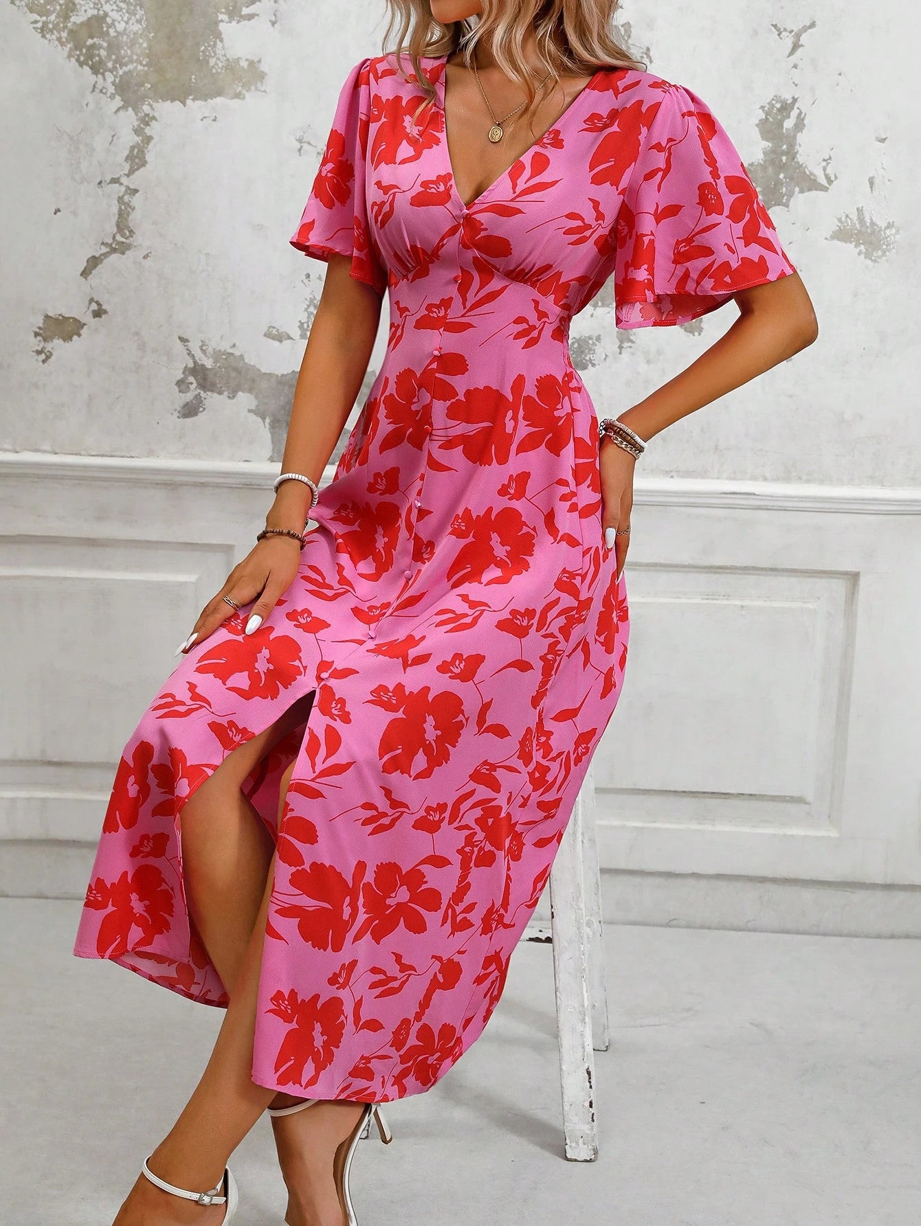 LUNE Women's Tropical Plant Print V-Neck Ruffle Short Sleeve Long Elegant Dress With Side Slit Hem, Perfect For Vacation Maxi Women Outfit