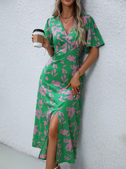 LUNE Women's Tropical Plant Print V-Neck Ruffle Short Sleeve Long Elegant Dress With Side Slit Hem, Perfect For Vacation Maxi Women Outfit