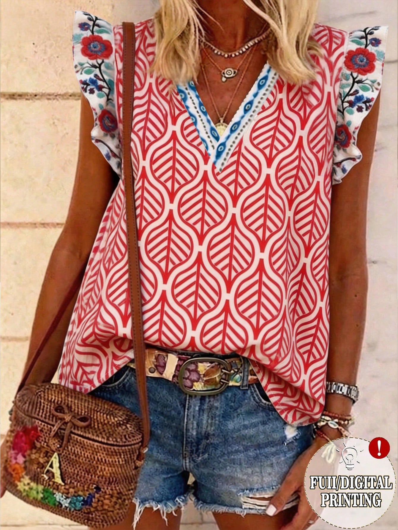 LUNE Women's V-Neck Floral Print Contrast Color Ruffle Trim Casual Blouse