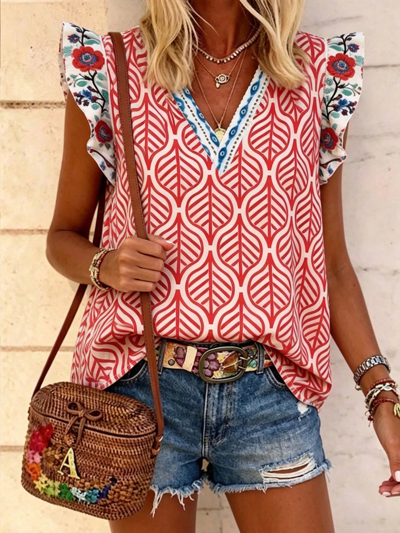 LUNE Women's V-Neck Floral Print Contrast Color Ruffle Trim Casual Blouse