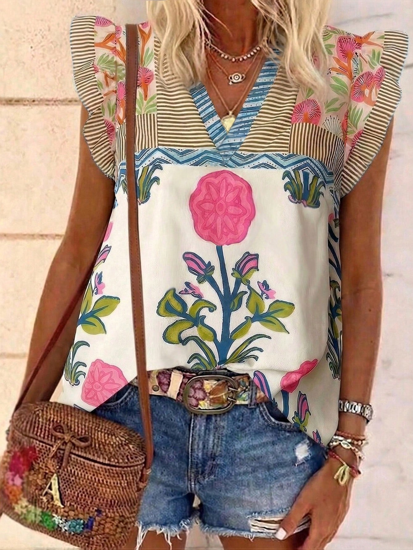 LUNE Women's V-Neck Floral Print Contrast Color Ruffle Trim Casual Blouse