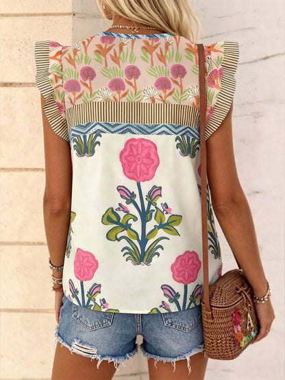 LUNE Women's V-Neck Floral Print Contrast Color Ruffle Trim Casual Blouse