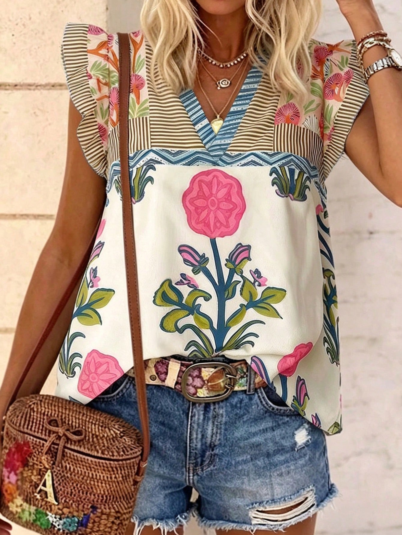 LUNE Women's V-Neck Floral Print Contrast Color Ruffle Trim Casual Blouse