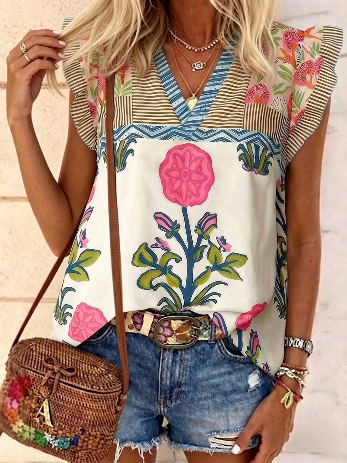 LUNE Women's V-Neck Floral Print Contrast Color Ruffle Trim Casual Blouse