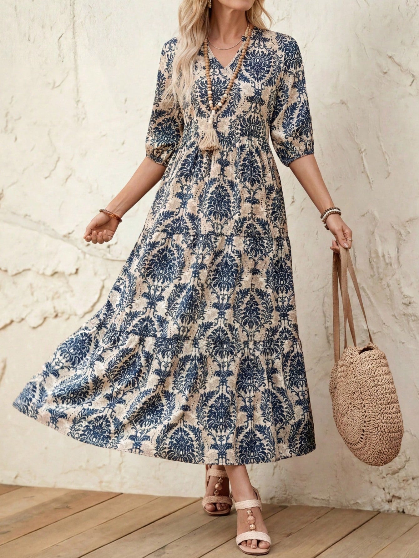 LUNE Women V-Neck Casual Mid-Length Split Hem Patchwork Dress, Spring/Summer Vacation