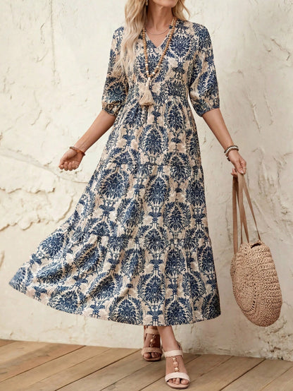 LUNE Women V-Neck Casual Mid-Length Split Hem Patchwork Dress, Spring/Summer Vacation