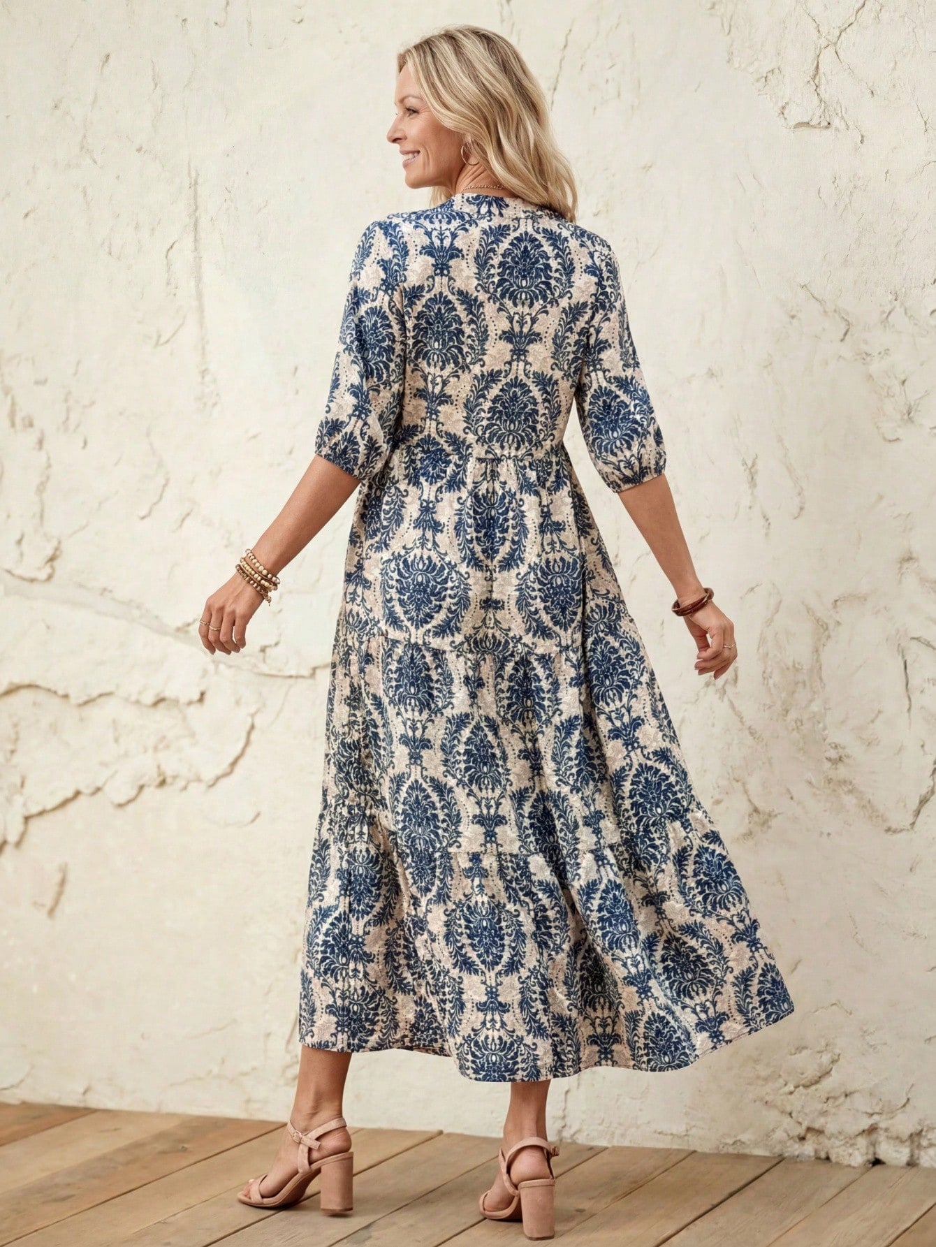 LUNE Women V-Neck Casual Mid-Length Split Hem Patchwork Dress, Spring/Summer Vacation