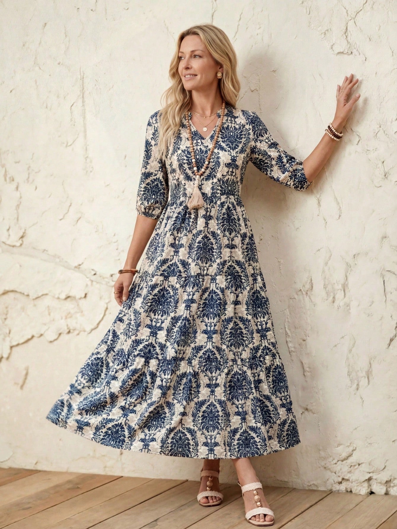 LUNE Women V-Neck Casual Mid-Length Split Hem Patchwork Dress, Spring/Summer Vacation