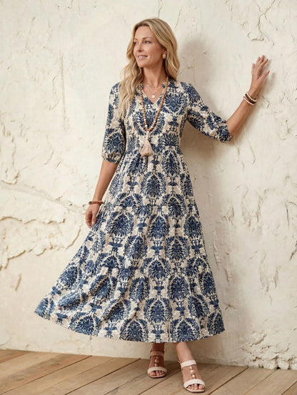 LUNE Women V-Neck Casual Mid-Length Split Hem Patchwork Dress, Spring/Summer Vacation