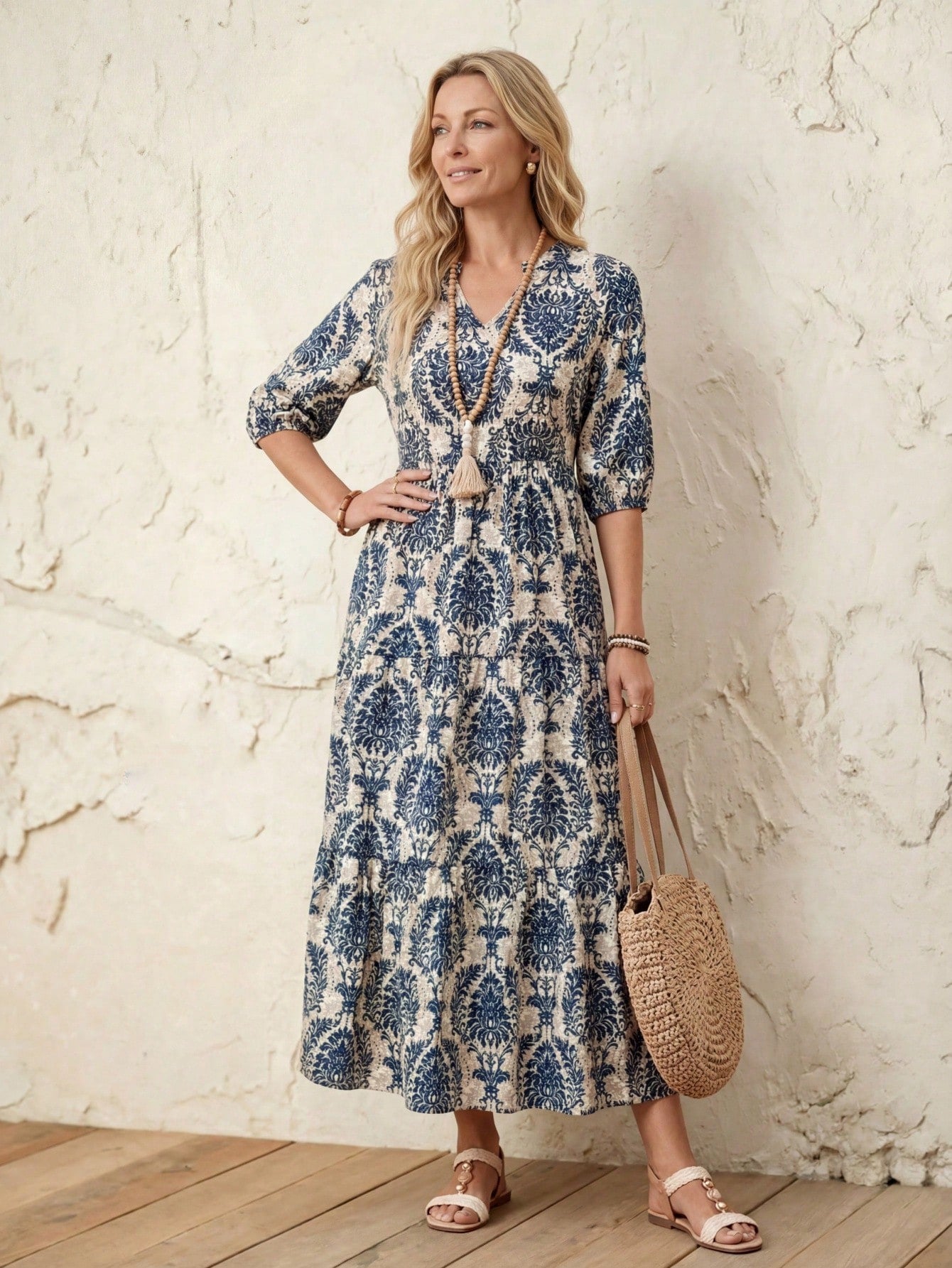 LUNE Women V-Neck Casual Mid-Length Split Hem Patchwork Dress, Spring/Summer Vacation