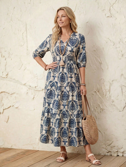 LUNE Women V-Neck Casual Mid-Length Split Hem Patchwork Dress, Spring/Summer Vacation