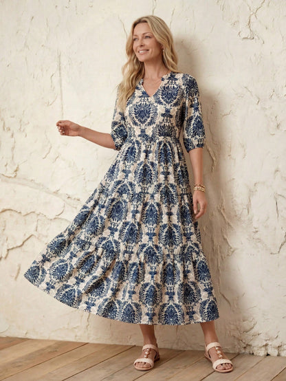 LUNE Women V-Neck Casual Mid-Length Split Hem Patchwork Dress, Spring/Summer Vacation