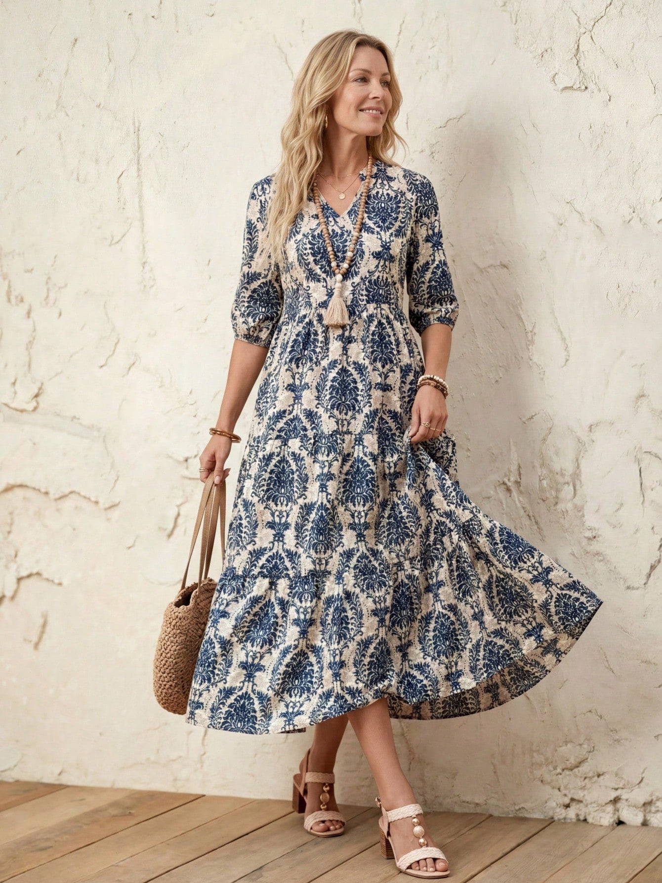 LUNE Women V-Neck Casual Mid-Length Split Hem Patchwork Dress, Spring/Summer Vacation