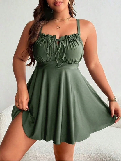 Lushoire Plus Size Women Black Ruffle Front Tie Bow Spaghetti Strap ALine Swim Dress,Classy Formal Evening Summer Beach Tummy Control Flattering Swimd