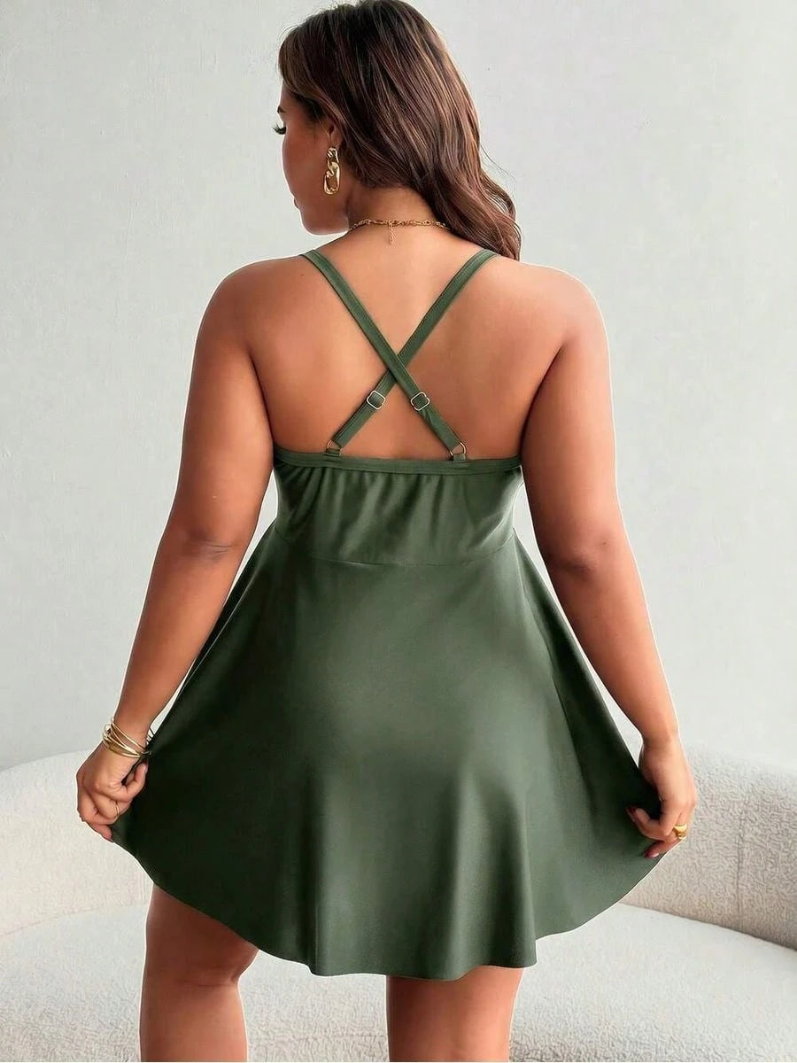 Lushoire Plus Size Women Black Ruffle Front Tie Bow Spaghetti Strap ALine Swim Dress,Classy Formal Evening Summer Beach Tummy Control Flattering Swimd