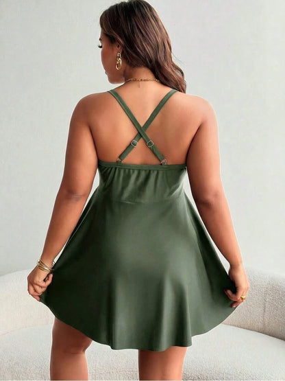 Lushoire Plus Size Women Black Ruffle Front Tie Bow Spaghetti Strap ALine Swim Dress,Classy Formal Evening Summer Beach Tummy Control Flattering Swimd