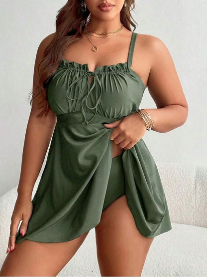Lushoire Plus Size Women Black Ruffle Front Tie Bow Spaghetti Strap ALine Swim Dress,Classy Formal Evening Summer Beach Tummy Control Flattering Swimd
