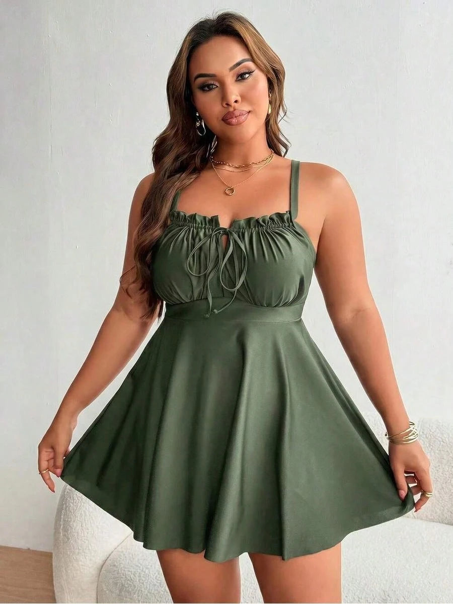 Lushoire Plus Size Women Black Ruffle Front Tie Bow Spaghetti Strap ALine Swim Dress,Classy Formal Evening Summer Beach Tummy Control Flattering Swimd