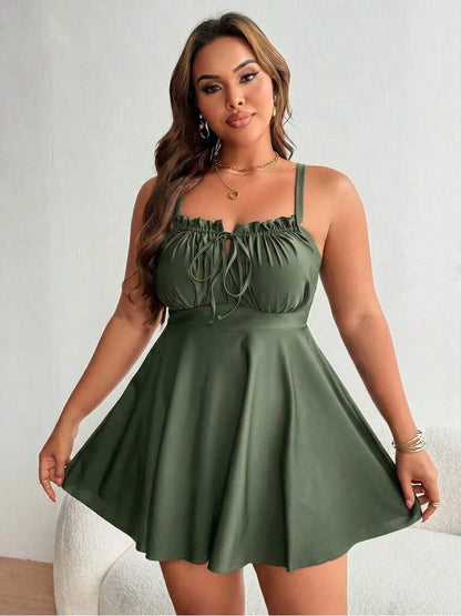 Lushoire Plus Size Women Black Ruffle Front Tie Bow Spaghetti Strap ALine Swim Dress,Classy Formal Evening Summer Beach Tummy Control Flattering Swimd