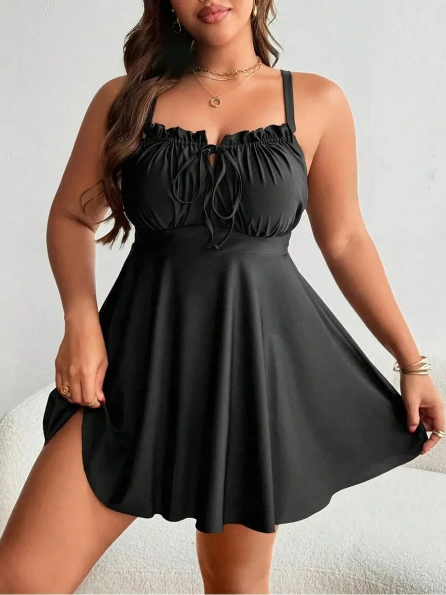 Lushoire Plus Size Women Black Ruffle Front Tie Bow Spaghetti Strap ALine Swim Dress,Classy Formal Evening Summer Beach Tummy Control Flattering Swimd