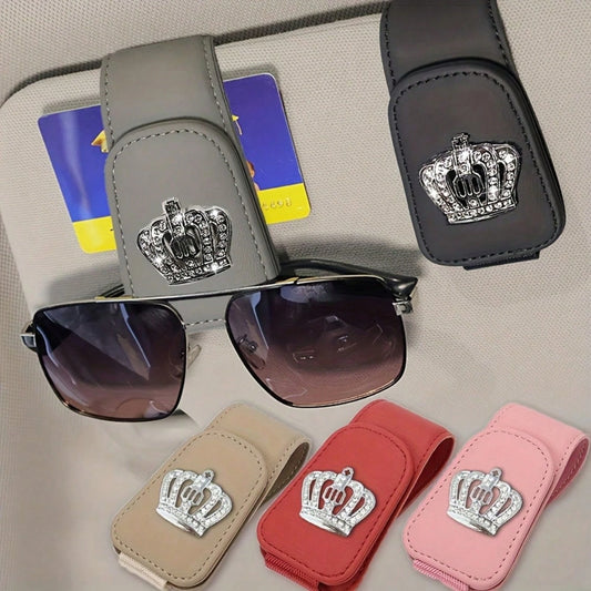 Luxury Faux Leather Crown Car Sunglasses Holder- Fashionable Sun Visor Clip Organizer With Sparkling Crystal Decor, Multiple Colors, Fits Most Vehicles, Shiny Car Accessory