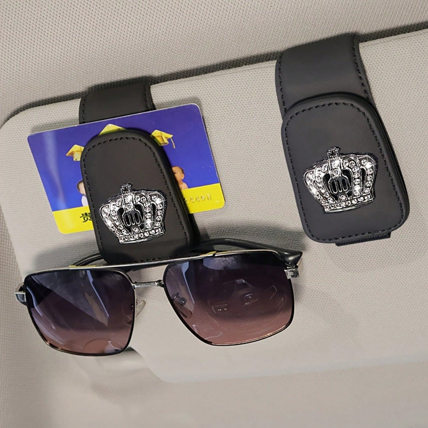 Luxury Faux Leather Crown Car Sunglasses Holder- Fashionable Sun Visor Clip Organizer With Sparkling Crystal Decor, Multiple Colors, Fits Most Vehicles, Shiny Car Accessory