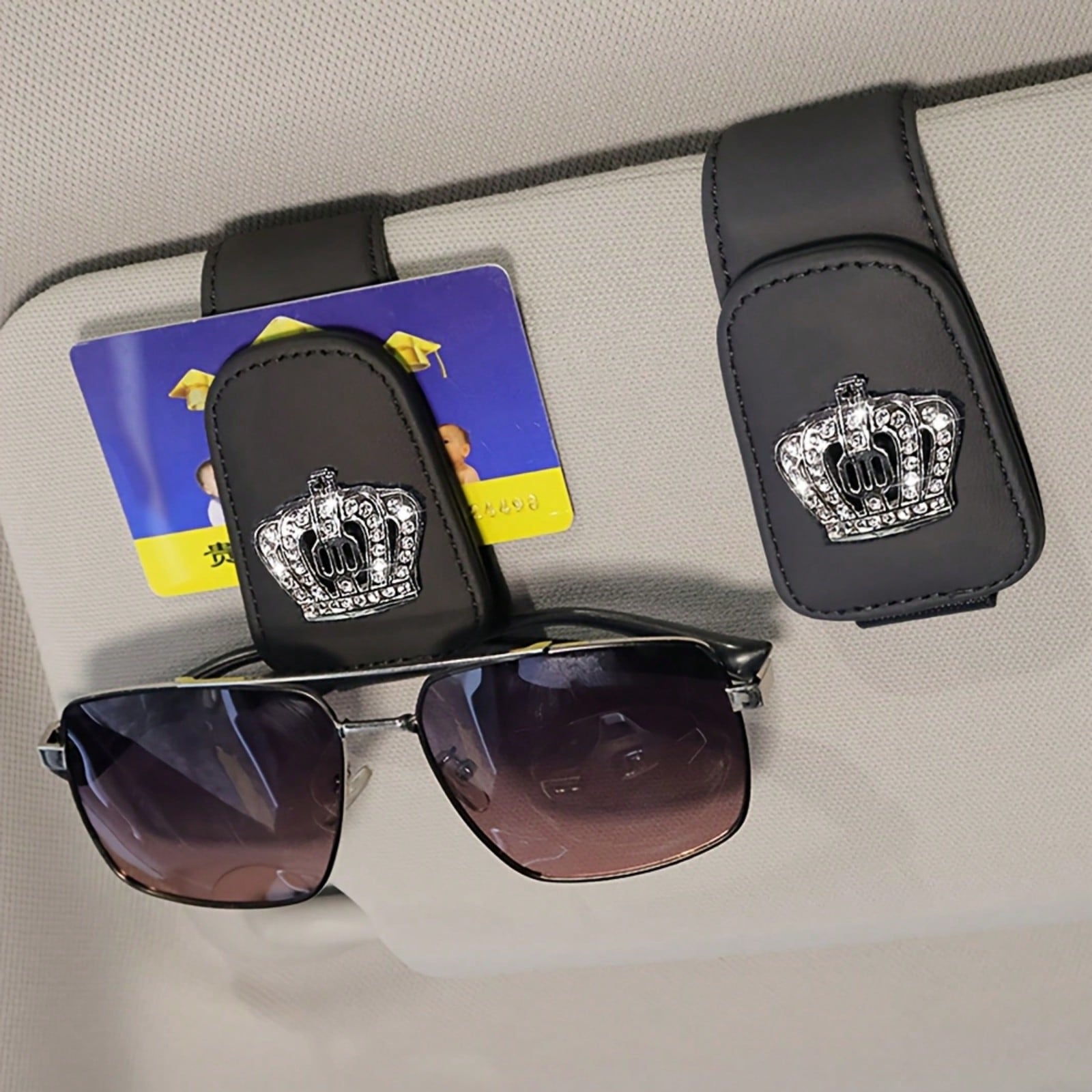 Luxury Faux Leather Crown Car Sunglasses Holder- Fashionable Sun Visor Clip Organizer With Sparkling Crystal Decor, Multiple Colors, Fits Most Vehicles, Shiny Car Accessory